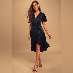 Lulus Wrapped Up In Love Black Satin Faux-Wrap Midi Dress - Medium